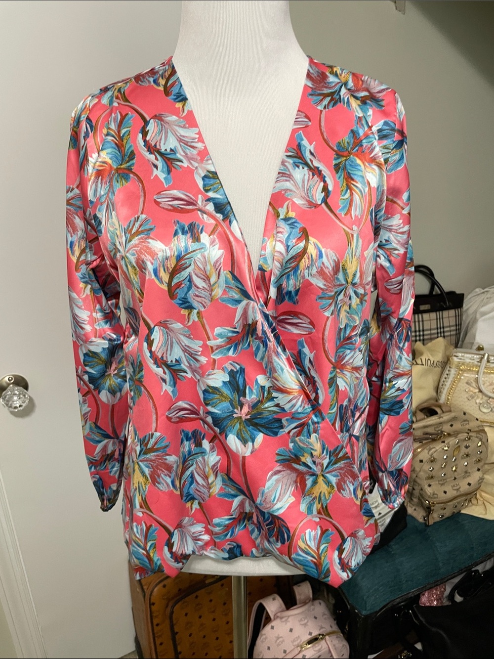 NWT Floral Pink Satin Wrap Blouse